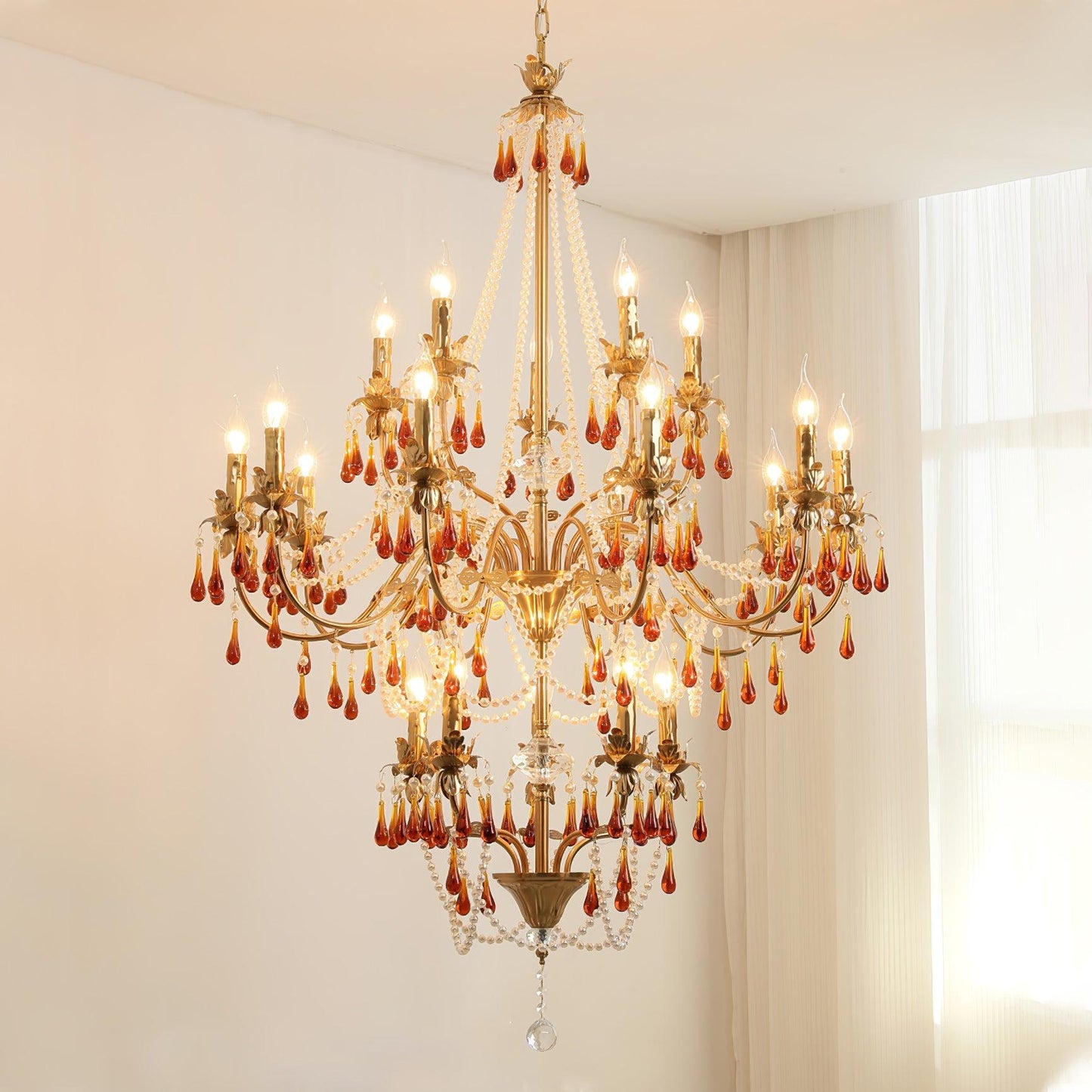 Aureate Amber Crystal Chandelier 5 + 10 + 5 heads Size: Dia 37.4″ x H 53.1″ / Dia 95cm x H 135cm / Gold & Amber Chandelier