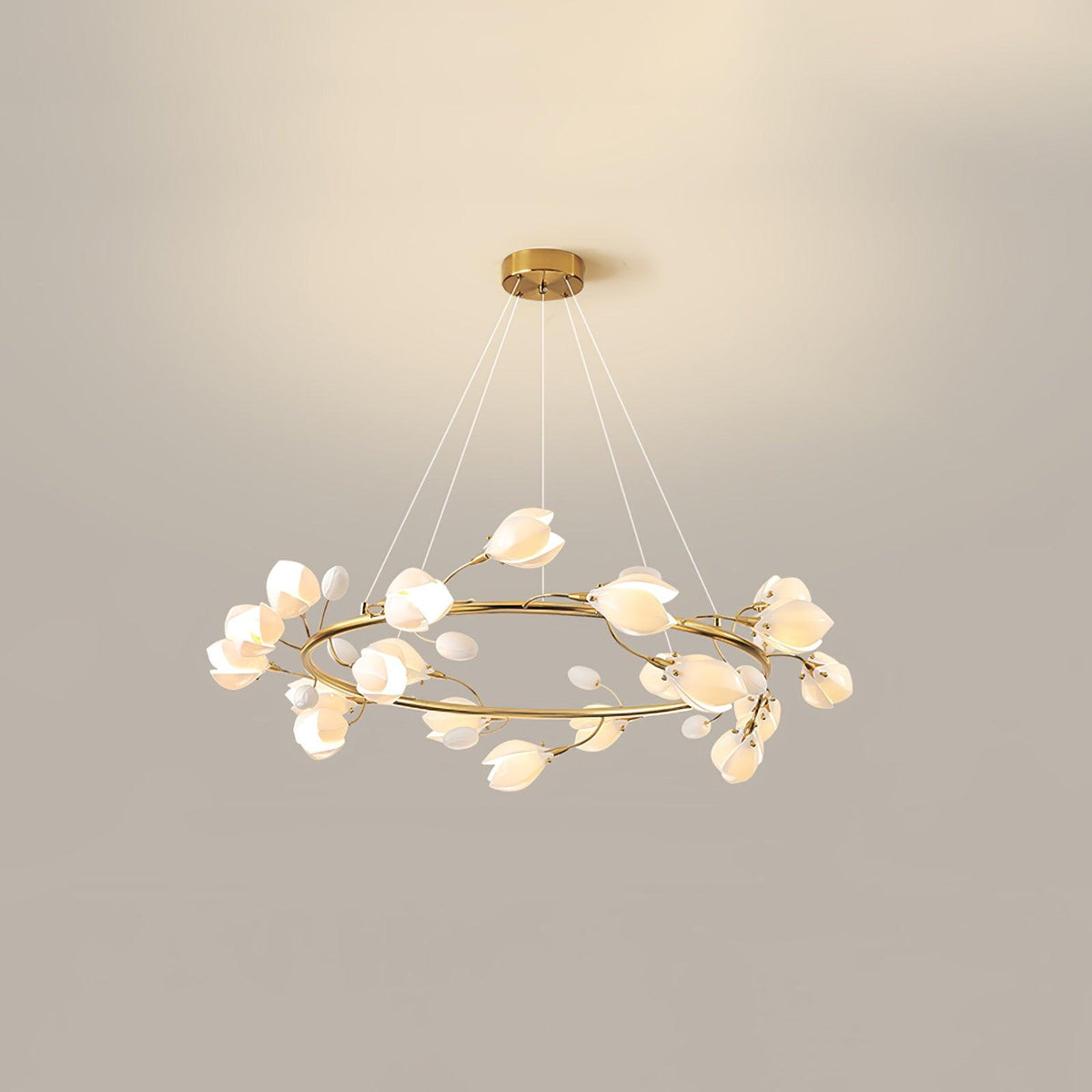 White Porcelain Magnolia Chandelier 20 heads Dia 39.4″ x H 11.8″ / Dia 100cm x H 30cm / Gold & White Ceramic Chandelier