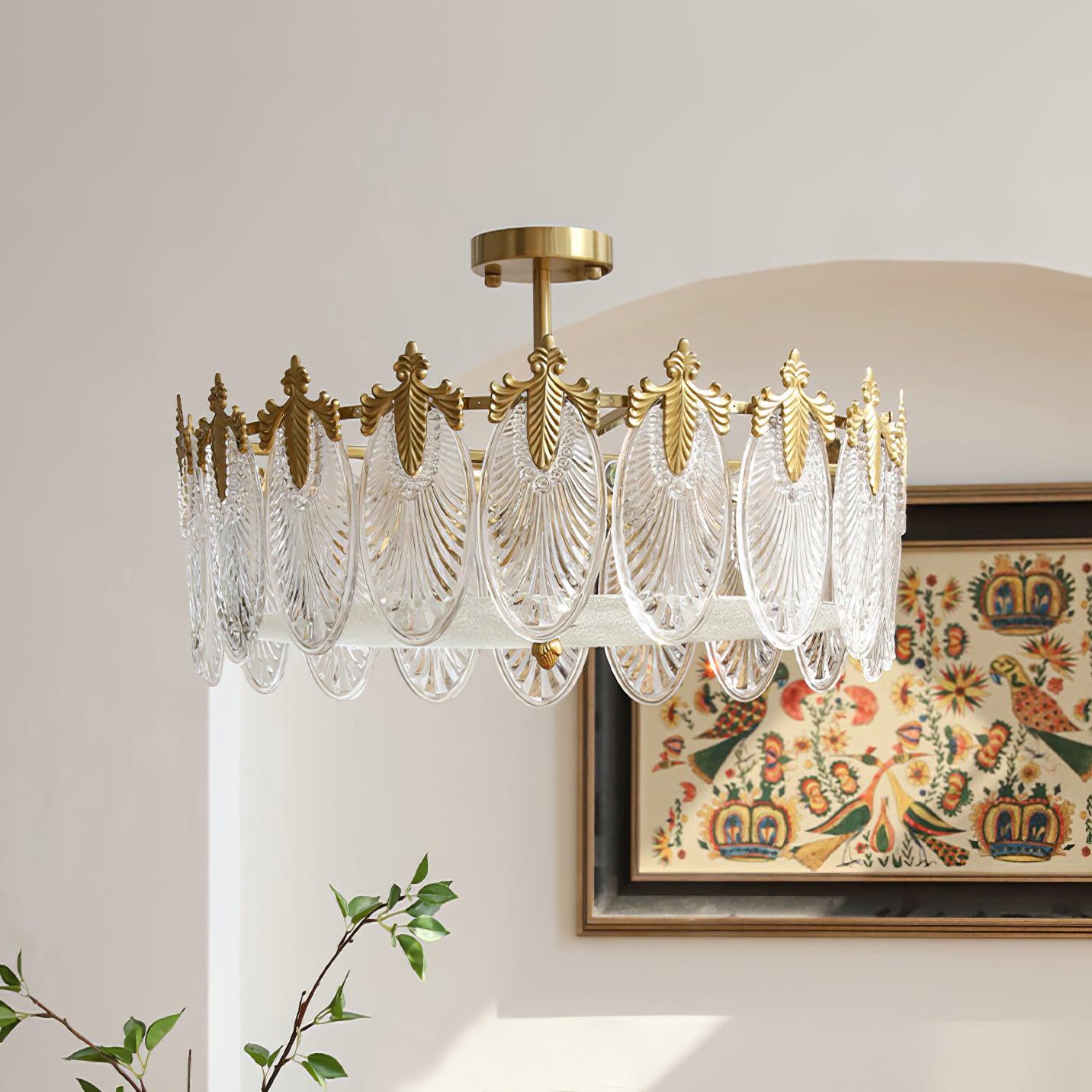 Decorative Pattern Glass Round Chandelier 8 heads Φ 23.6″ x H 9.1″ / Dia 60cm x H 23cm / Copper + Clear Chandelier