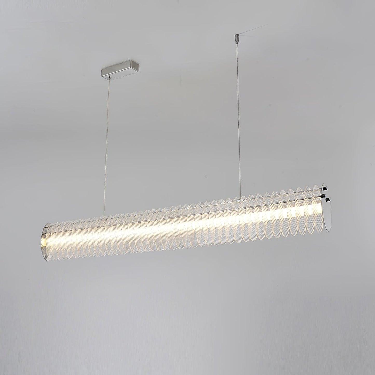Gand Chandelier L 59″ x W 3.1″ x H 5.9″ / L 150cm x W 8cm x H 15cm / Chrome & Transparent / Warm Light Chandelier