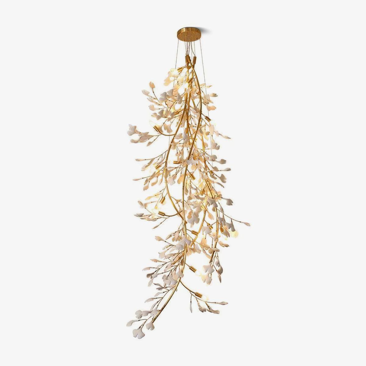 Gingko Long Branch Chandelier L 31.5″ x H 98.4″ / L 80cm x H 250cm / Gold & White Chandelier