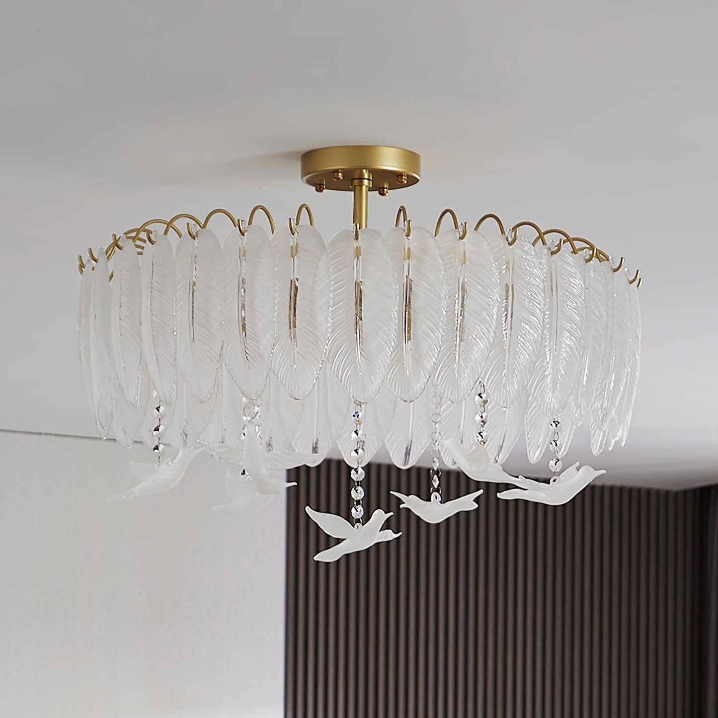 Glass Feather Ceiling Light Dia 23.6″ x H 17.3″ / Dia 60cm x H 44cm / Copper plated + Opaque Ceiling lamp