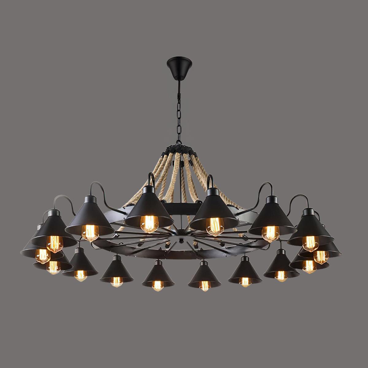 Hemp Rope Industrial Horn Chandelier 16Heads Dia 59.1″ x H 23.6″ / Dia 150cm x H 60cm / Black & Linen color Chandelier
