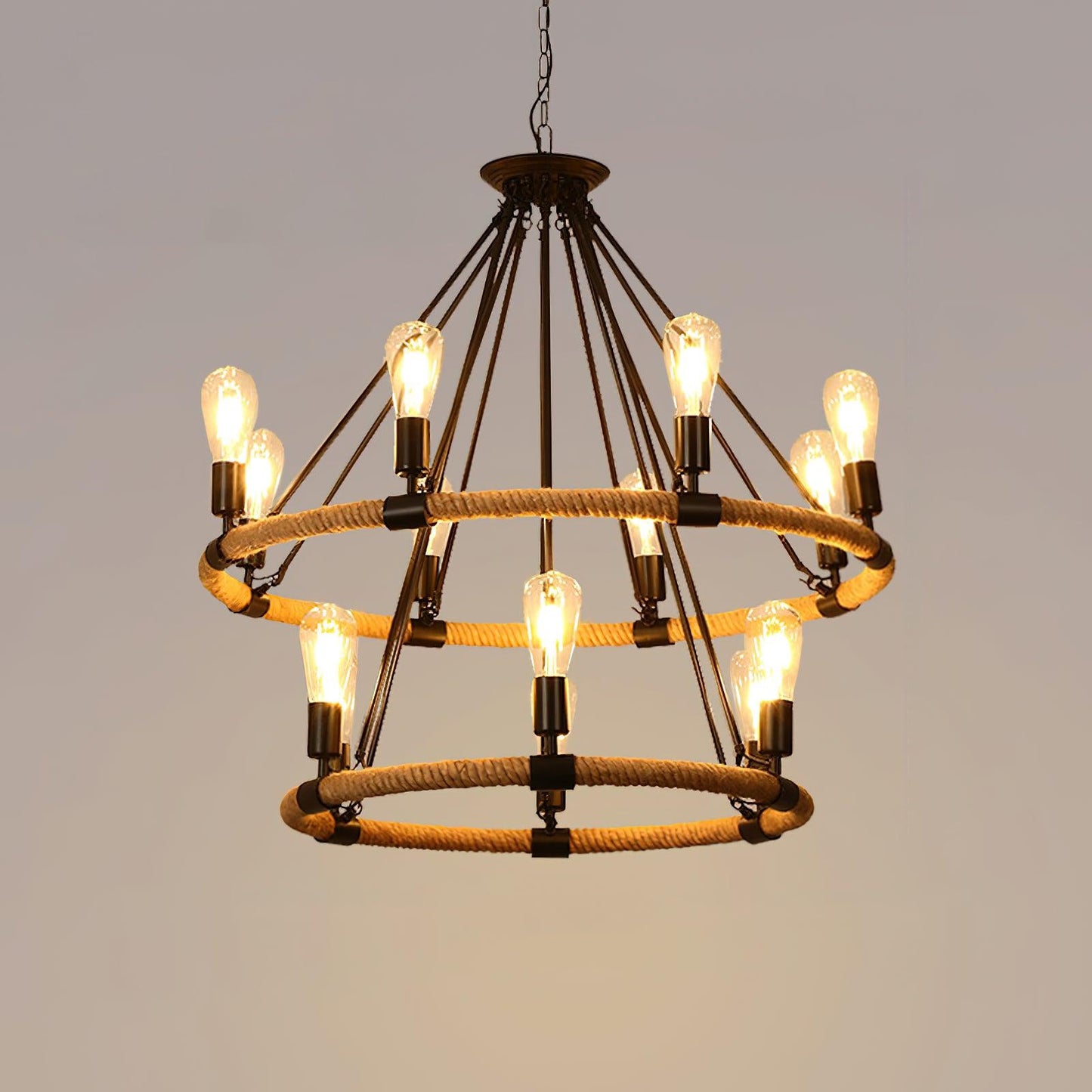 Hemp Rope Industrial Large Circle Chandelier 6 + 8Heads Dia 31.5″ x H 27.6″ / Dia 80cm x H 70cm / Black & Linen color
