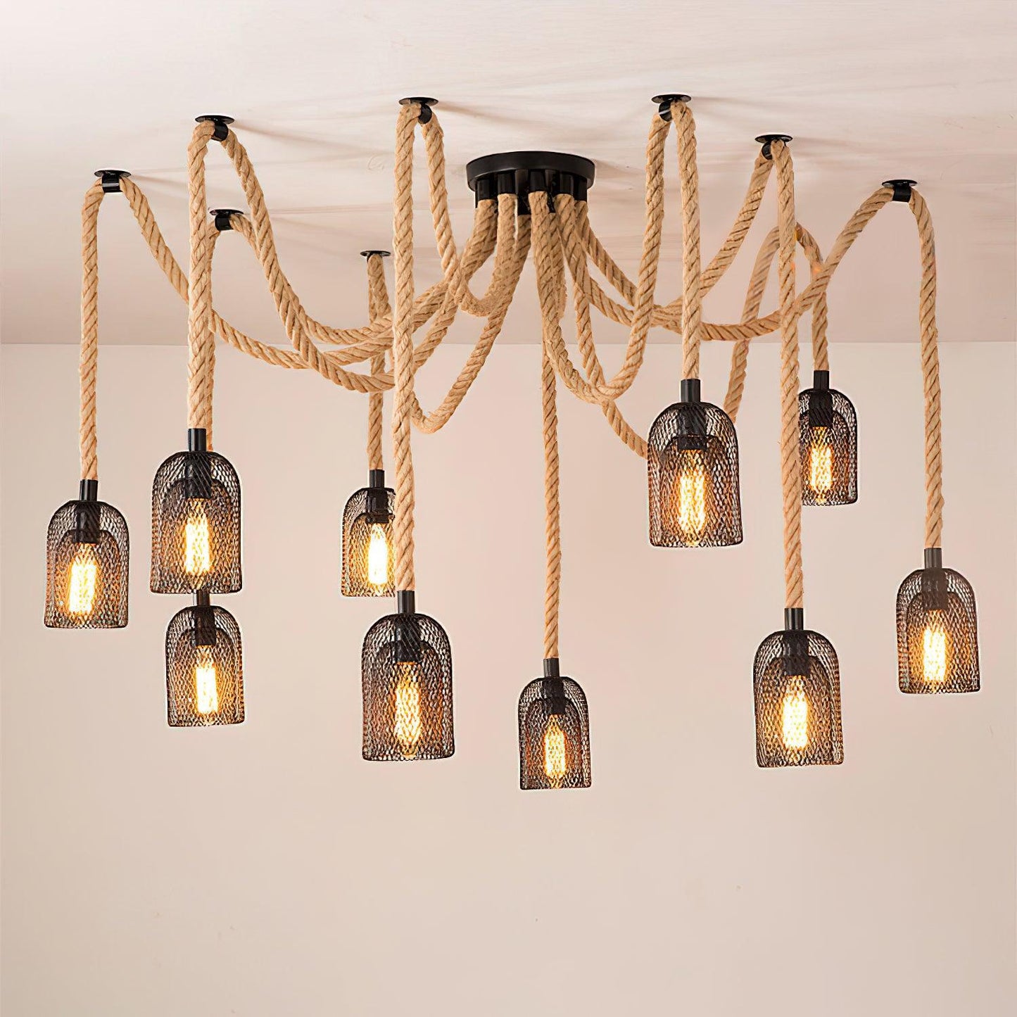 Hemp Rope Scattered Flower Chandelier Model D Dia 59.1″ x H 39.4″ / Dia 150cm x H 100cm / Black & Linen color Chandelier