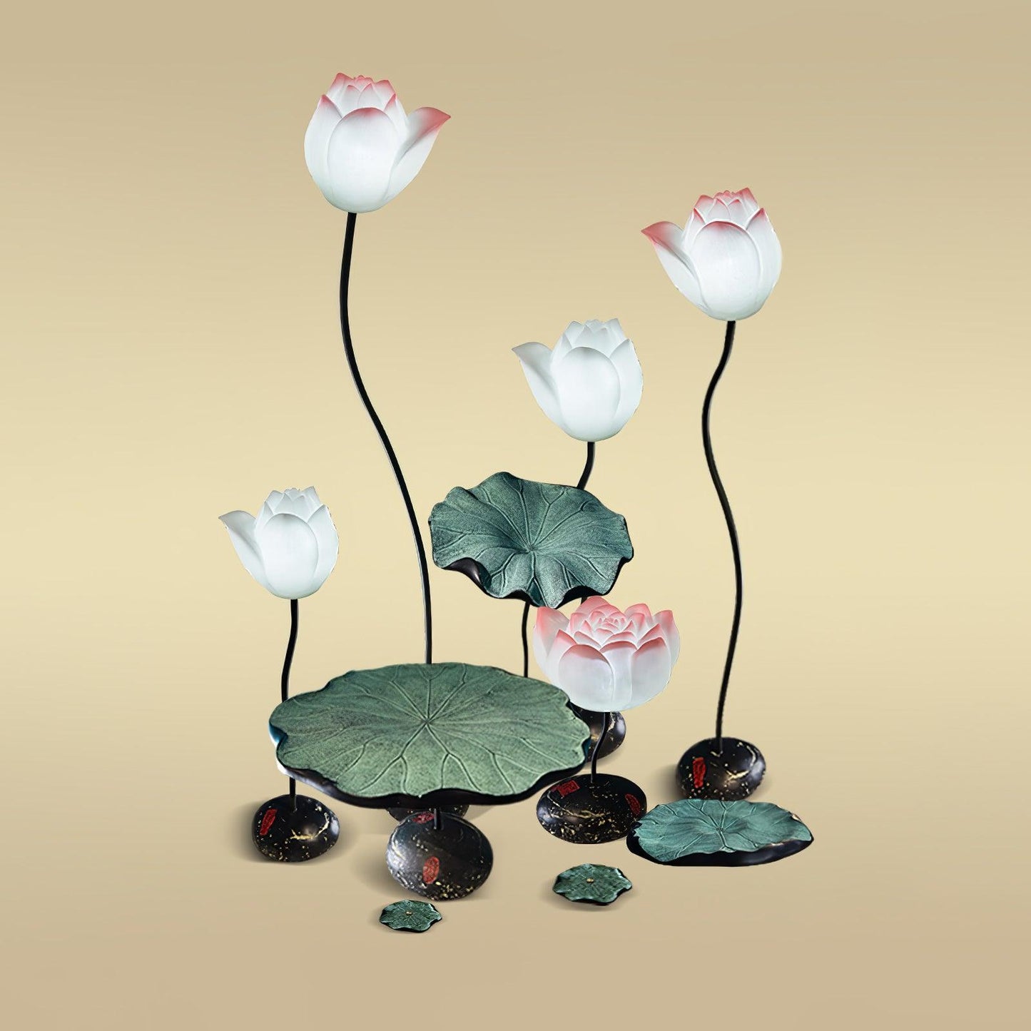 Lotus Floor Lamp Combination 3 H 49.2″+H 41.3″+H 25.6″H 17.7″ / H 125cm + 105cm + 65cm + 45cm / White & Pink & Green