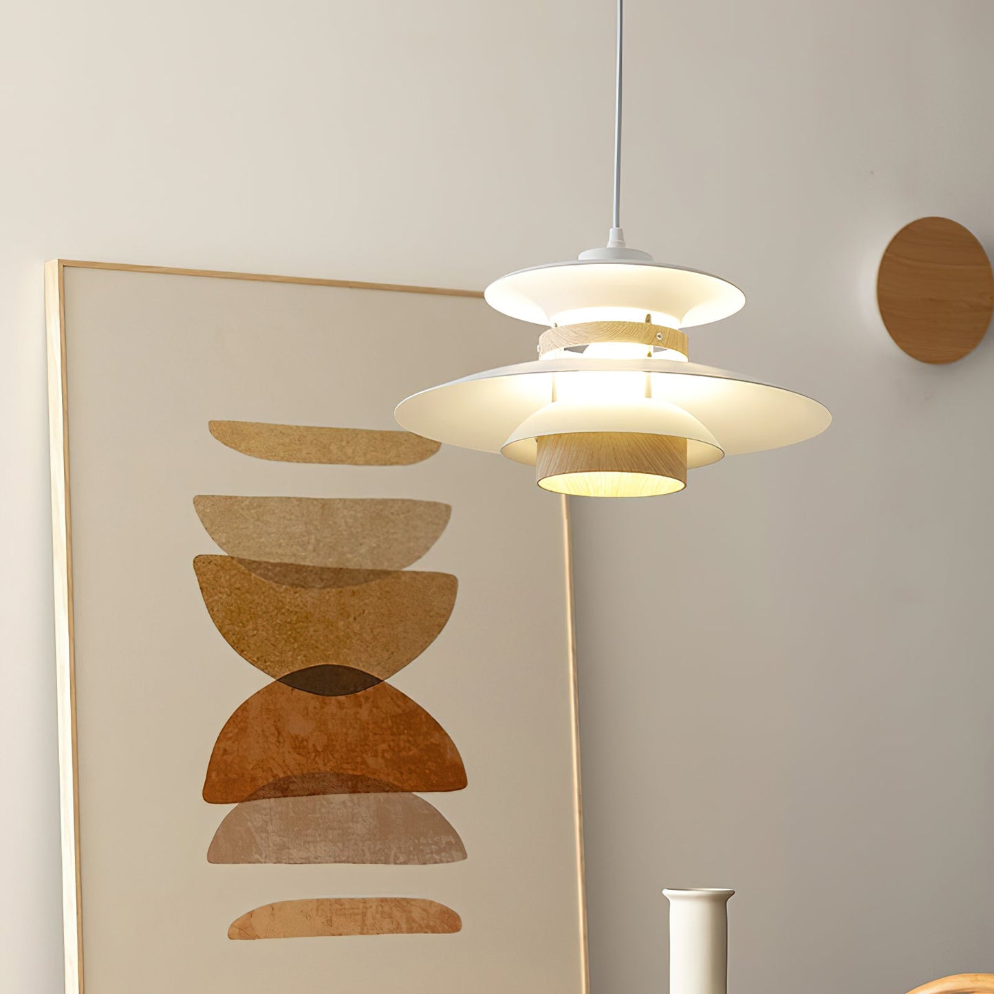 Mercero Pendant Lamp Dia 13.8″ x H 7.5″ / Dia 35cm x H 19cm / White + wood color Pendant light