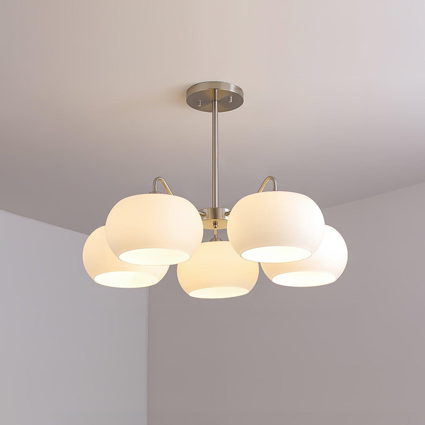 Nickel Glass Persimmon Chandelier 5 Heads Dia 35.4″ x H 11.8″ / Dia 90cm x H 30cm / Nickel & White Chandelier