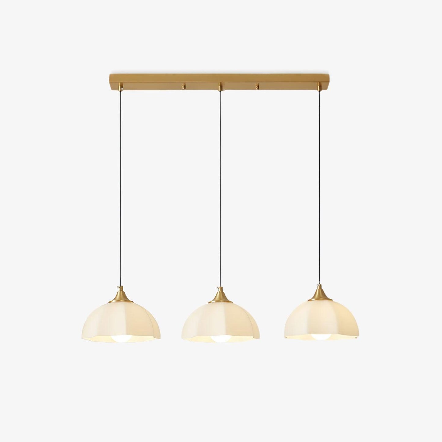 Octagonal Glass Bowl Chandelier 3 heads Long canopy L 29″ x W 7.9″ x H 5.5″ / L 74cm x W 20cm x H 14cm / Brass & White