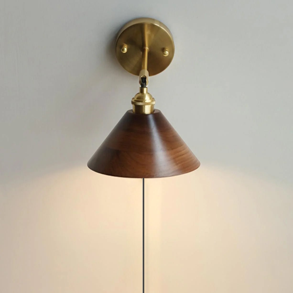Vintage Wood Plug-in Wall Lamp Model B Size: Dia 7.1″ x H 5.5″ / Brass + Black Walnut Wood / US Plug