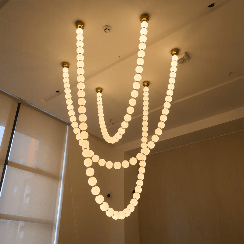 Pearl Necklace Balls Chandelier 3 strips 119-Balls L 59″ x H 47.2″ + L 59″ x H 63″ + L 59″ x H 82.7″ / Gold & White