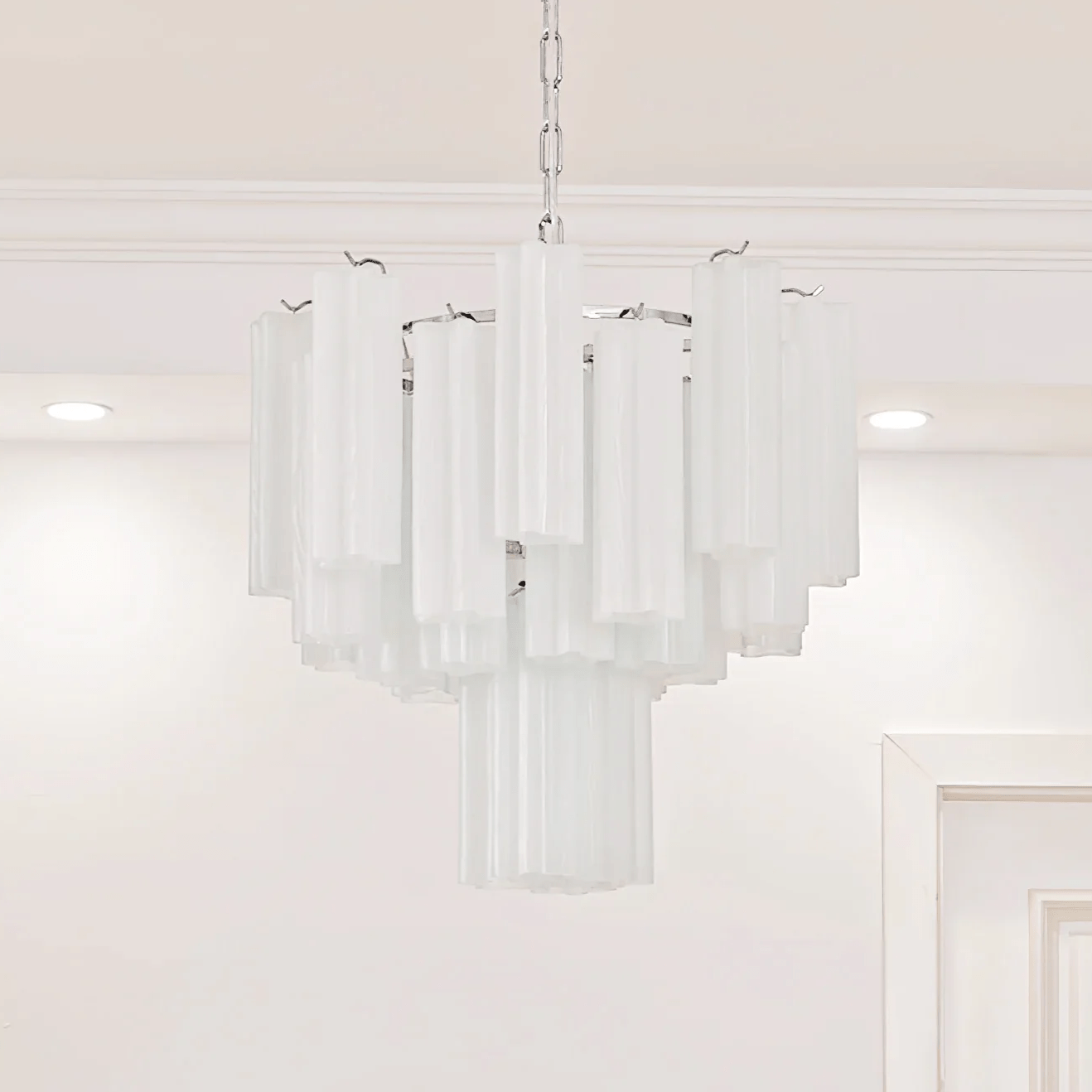 Frosted Glass Tubes Chandelier ? 19.7″ x H 17.3″ / White & Nickel Chandelier