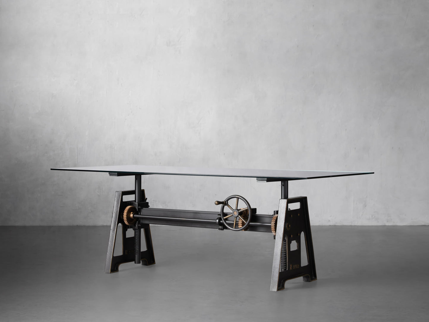 Industrial Crank Desk with Glass Top and Large Black Rubbed Copper Base
