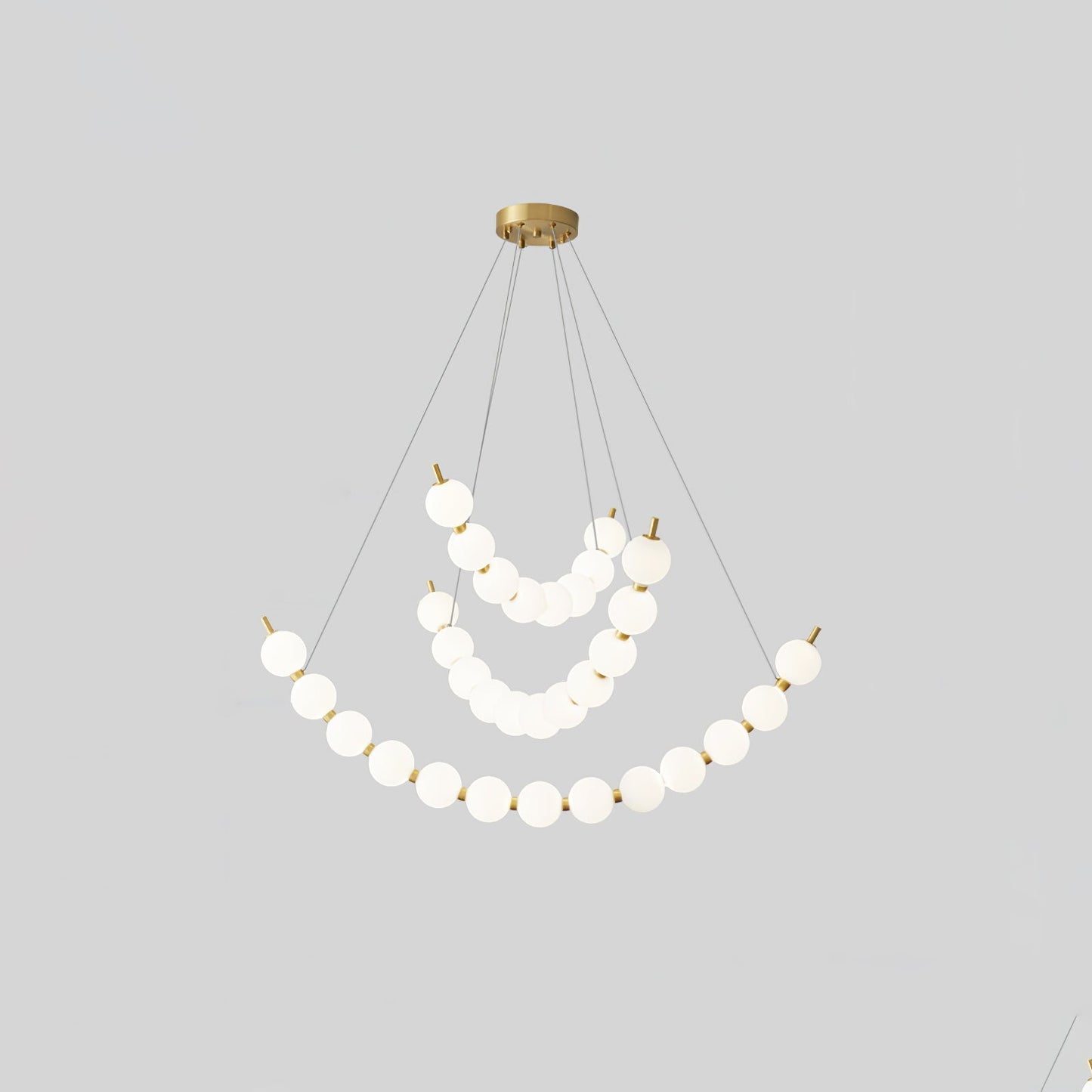 Acrylic Pearls Chandelier Model J Dia 15.7″ + 23.6″ + 31.5″ x H 23.6″ / Brass & White / Neutral Light Chandelier