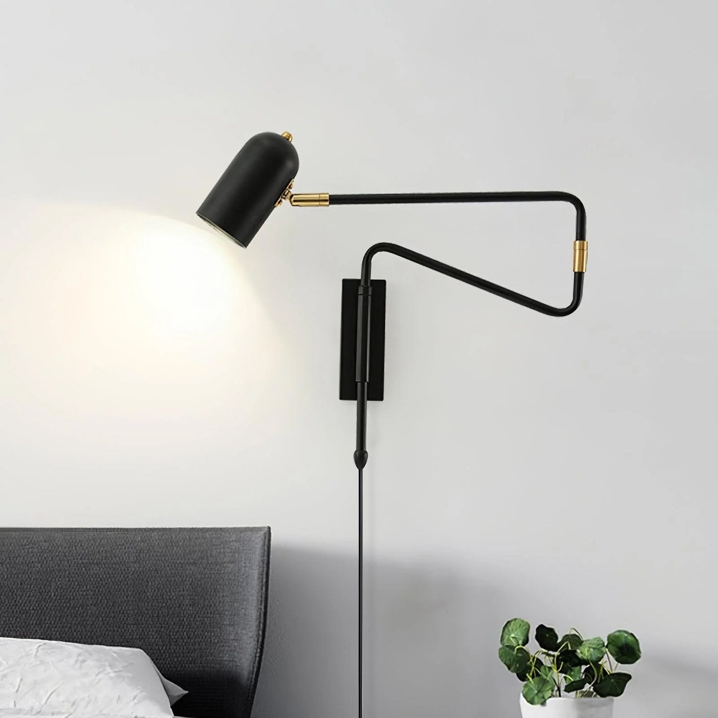Adjustable Arm Plug In Wall Lamp Model A L 16.5″ x H 15.7″ / L 42cm x H 40cm / Black & Gold / US Plug