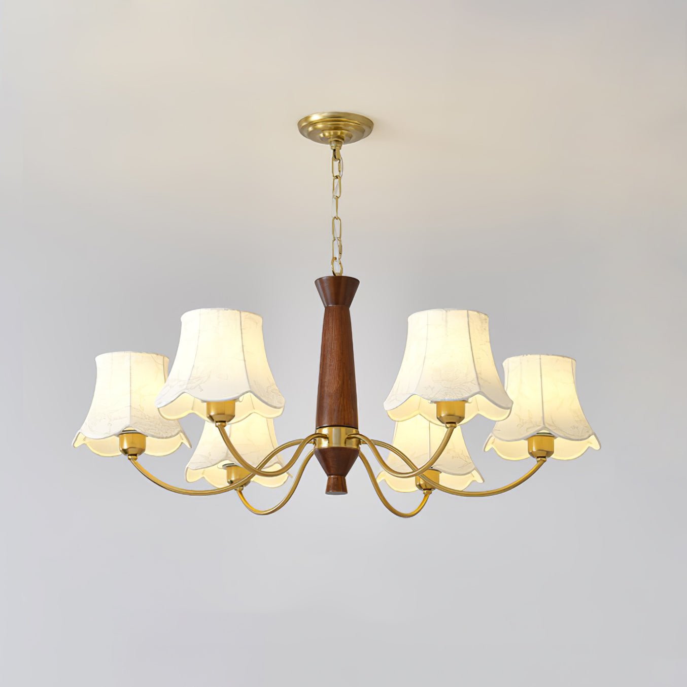 Alyssa Fabric Chandelier 6 Heads Dia 35.4″ x H 13.8″ / Dia 90cm x H 35cm / Walnut Wood & Brass Chandelier