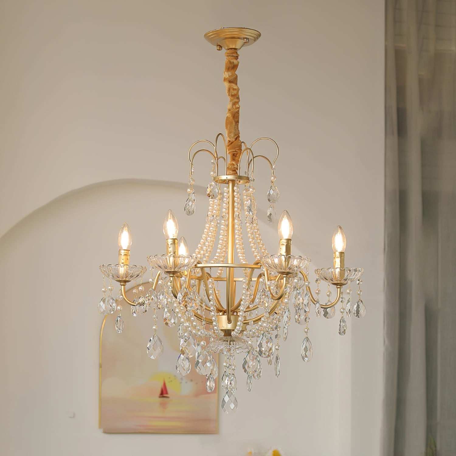 Arcadia Gold Chandelier 6 Heads Dia 26″ x H 22″ / Gold & Clear Chandelier
