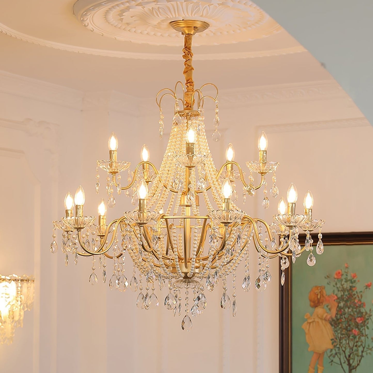 Arcadia Gold Chandelier 10 + 5 Heads Dia 38.6″ x H 41.3″ / Gold & Clear Chandelier