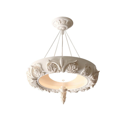 Artistic Carved Plaster Chandelier Dia 23.6″ x H 7.9″ / Dia 60cm x H 20cm / White / Three-Color Changing Light Chandelier