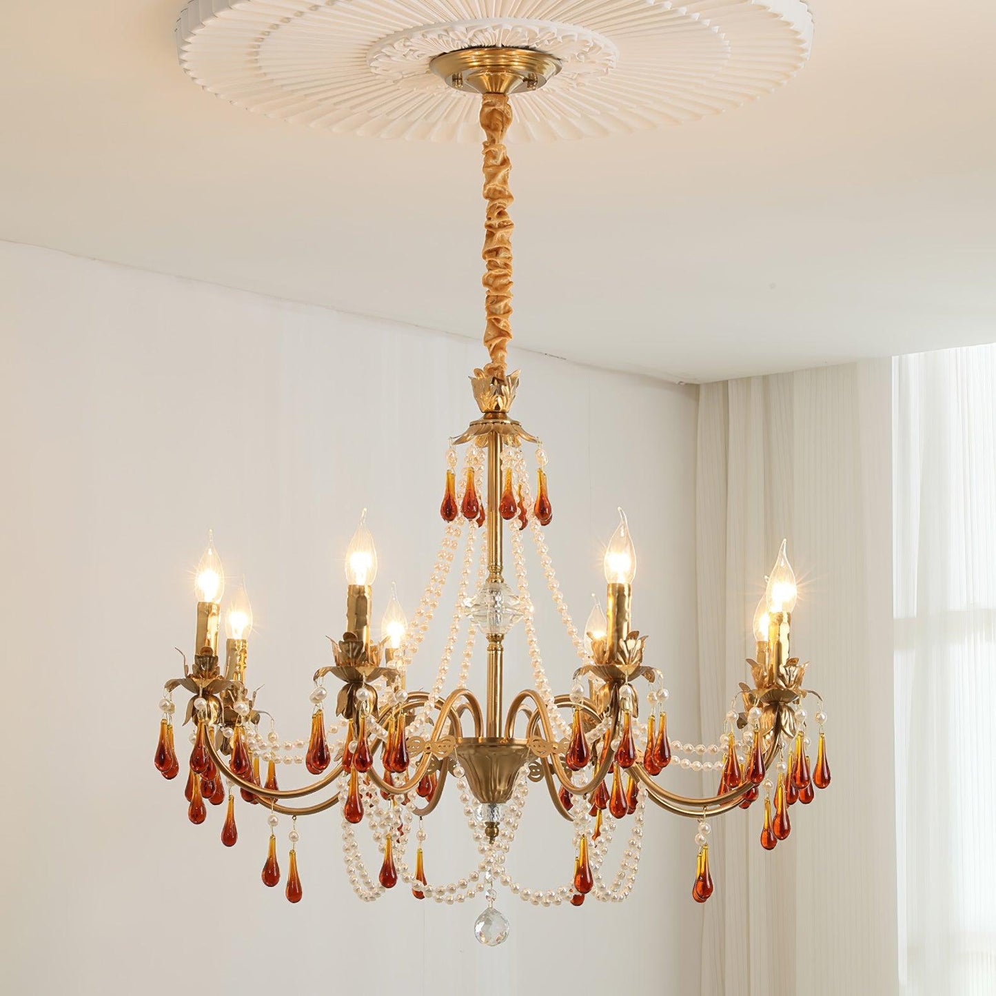 Aureate Amber Crystal Chandelier 8 heads Size: Dia 31.5″ x H 25.6″ / Dia 80cm x H 65cm / Gold & Amber Chandelier