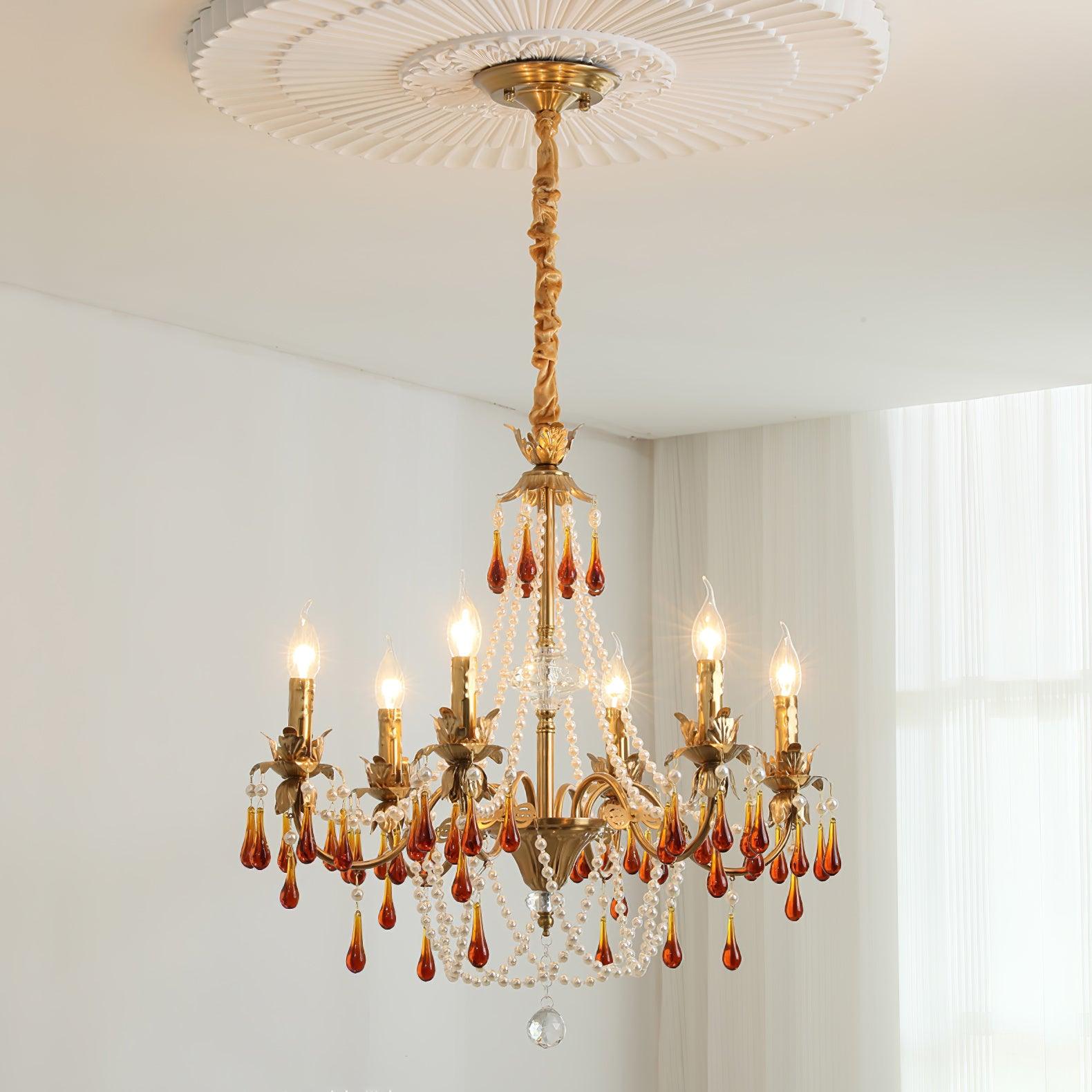 Aureate Amber Crystal Chandelier 6 heads Size: Dia 24.4″ x H 25.6″ / Dia 62cm x H 65cm / Gold & Amber Chandelier
