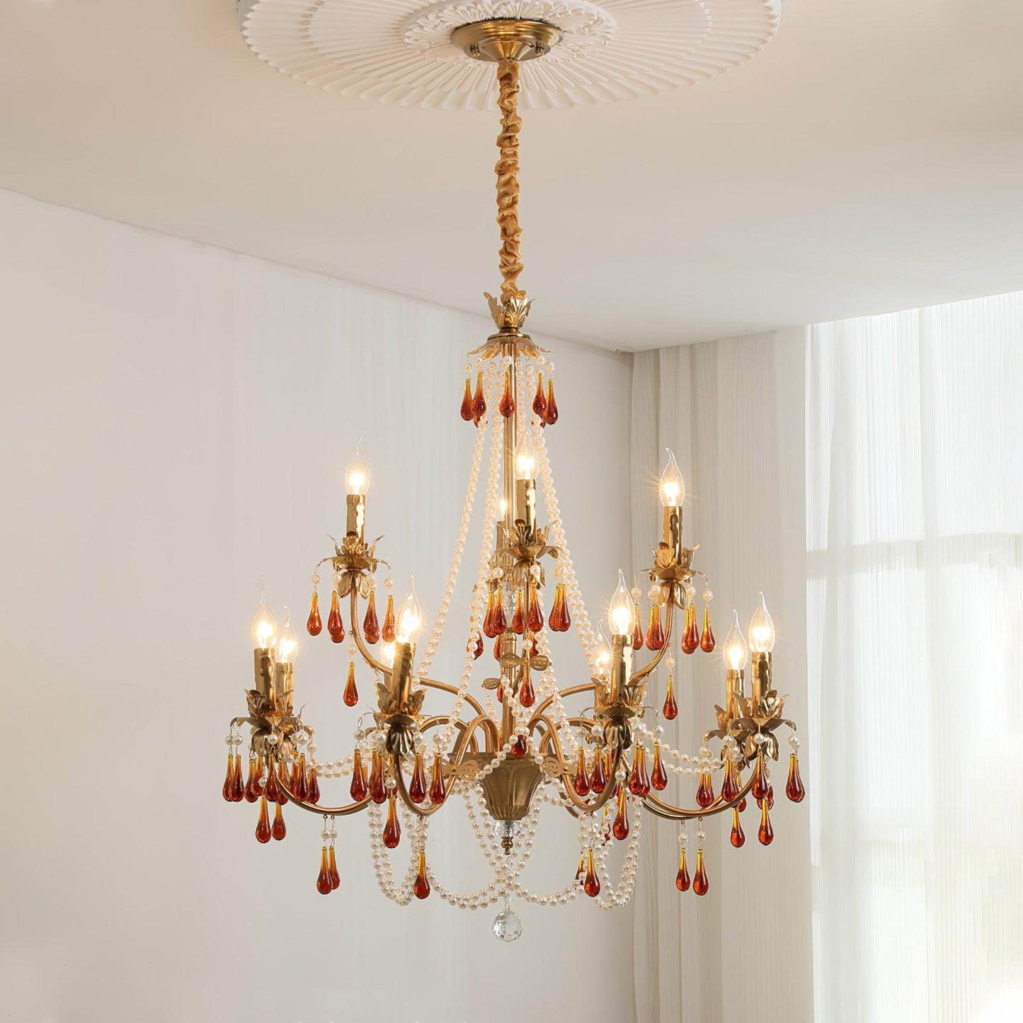 Aureate Amber Crystal Chandelier 8 + 4 heads Size: Dia 33.5″ x H 31.5″ / Dia 85cm x H 80cm / Gold & Amber Chandelier