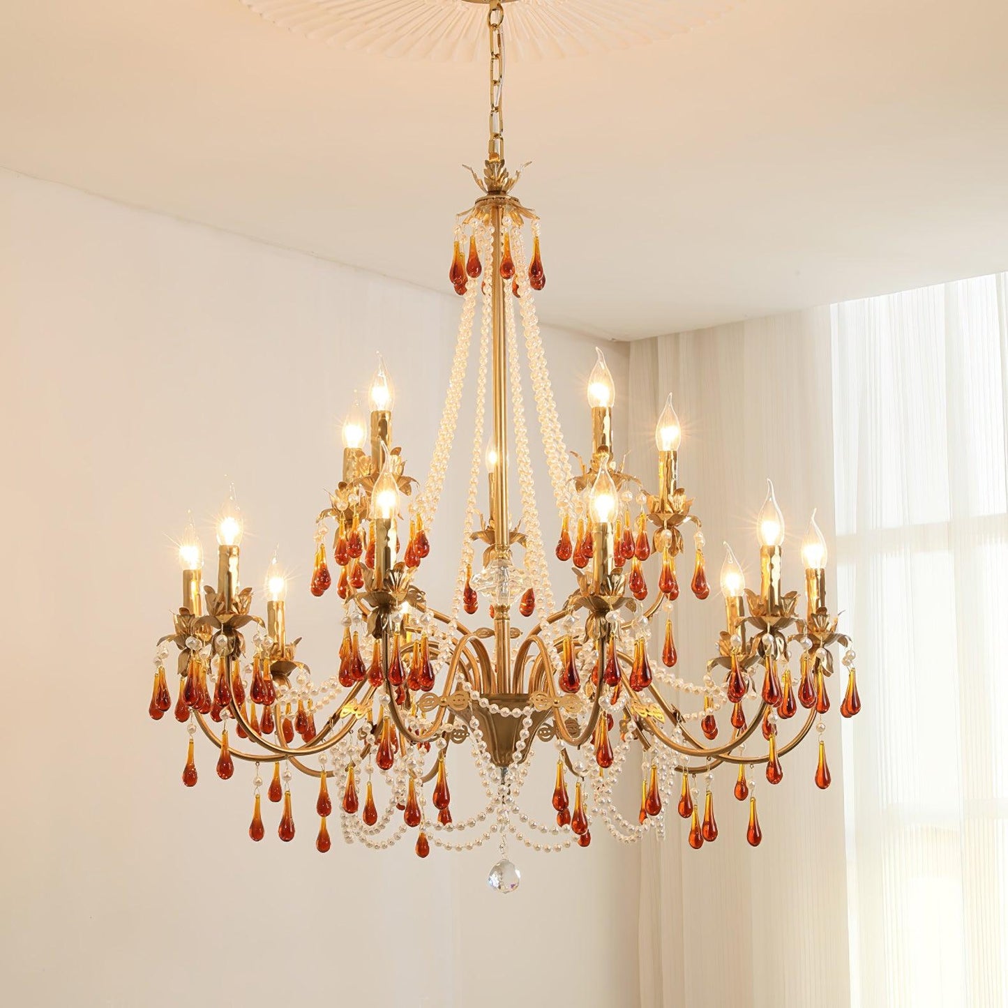 Aureate Amber Crystal Chandelier 10 + 5 heads Size: Dia 37.4″ x H 37.8″ / Dia 95cm x H 96cm / Gold & Amber Chandelier