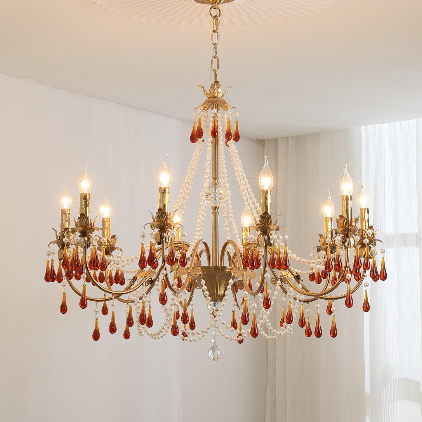 Aureate Amber Crystal Chandelier 10 heads Size: Dia 37.4″ x H 29.5″ / Dia 95cm x H 75cm / Gold & Amber Chandelier