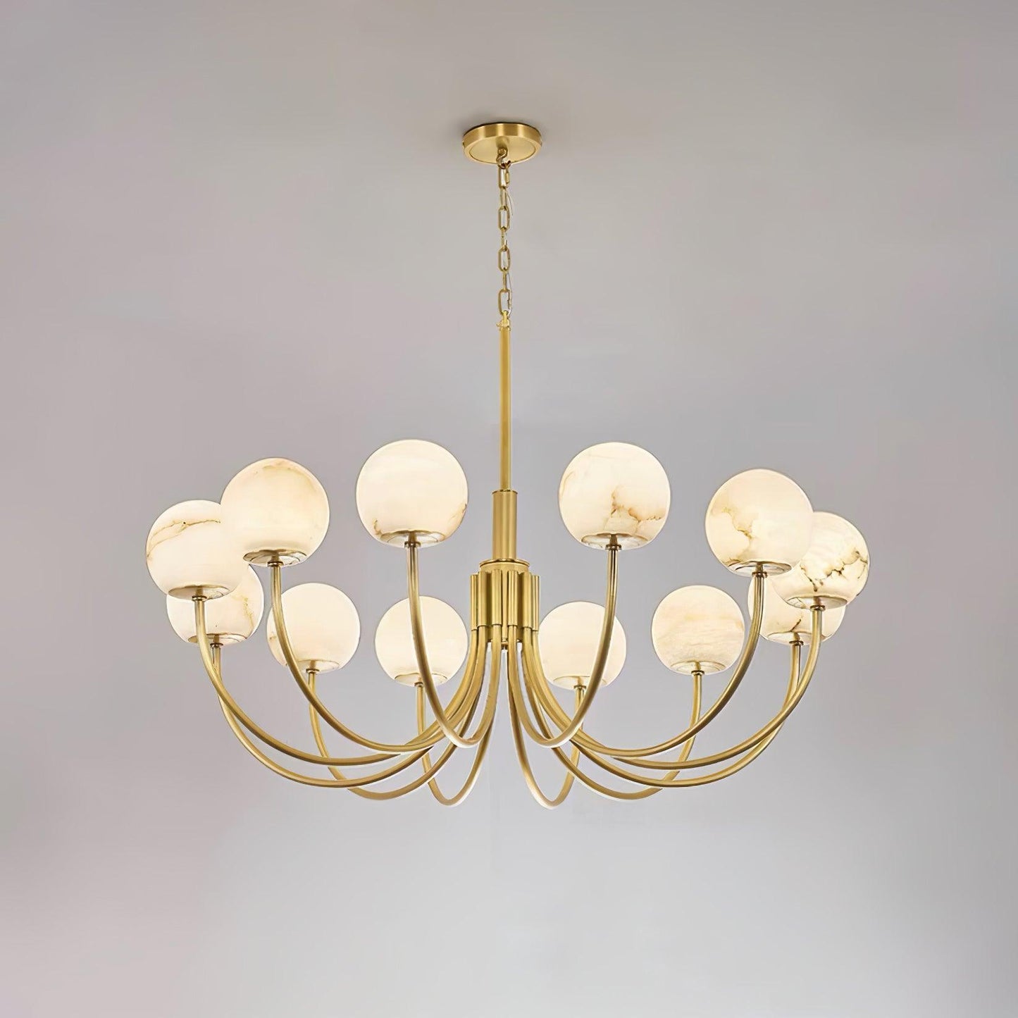Aurelian Alabaster Globe Chandelier 12 Heads Dia 43.3″ x H 21.7″ / Dia 110cm x H 55cm / Brass & White Chandelier