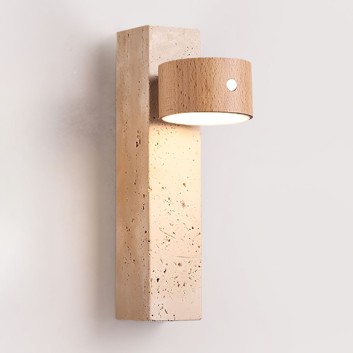 Axis Wood Rechargeable Wall Light Dia 2.8″ x H 9.1″ / Wood color & Yellow Travertine / USB charging plug & Warm Light
