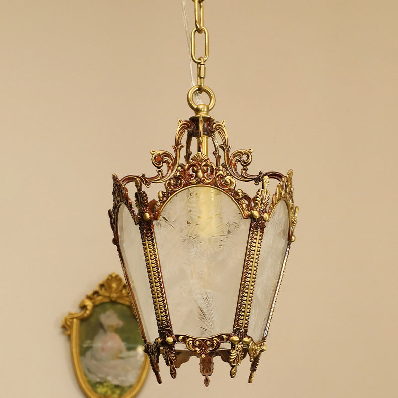 Traditional Vintage Ice Court Curve Glass Copper 1-Light Pendant Light For Living Room