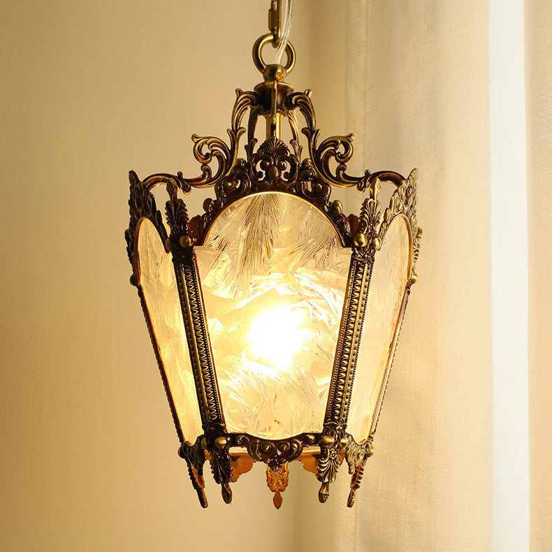 Traditional Vintage Ice Court Curve Glass Copper 1-Light Pendant Light For Living Room