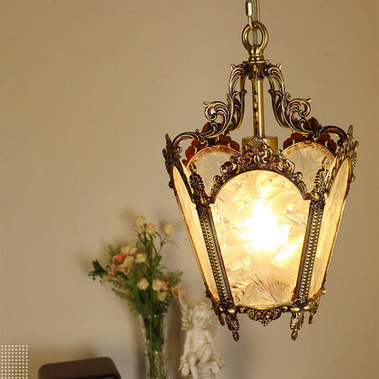 Traditional Vintage Ice Court Curve Glass Copper 1-Light Pendant Light For Living Room