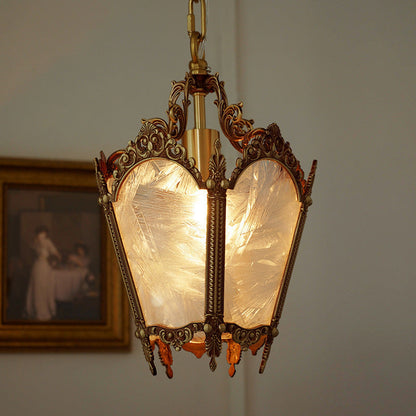 Traditional Vintage Ice Court Curve Glass Copper 1-Light Pendant Light For Living Room
