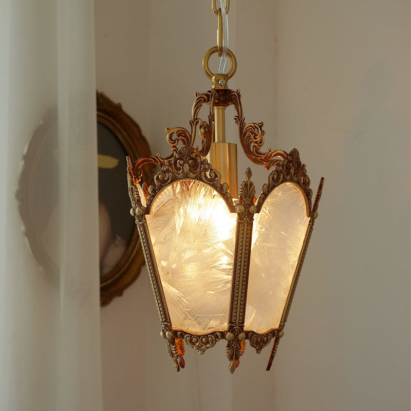Traditional Vintage Ice Court Curve Glass Copper 1-Light Pendant Light For Living Room