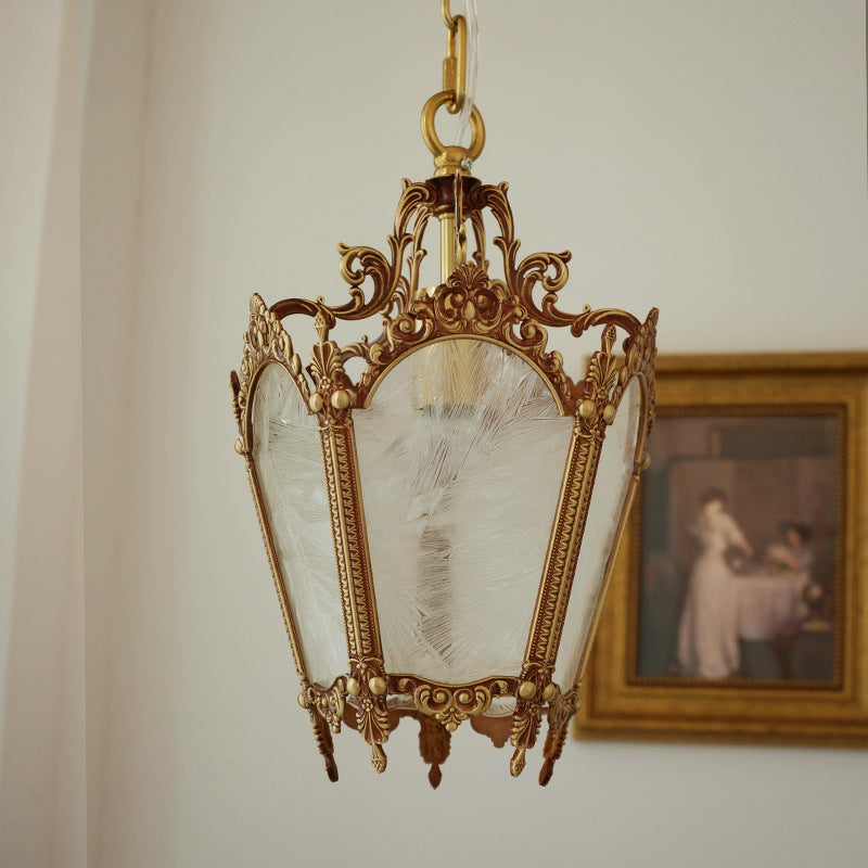 Traditional Vintage Ice Court Curve Glass Copper 1-Light Pendant Light For Living Room