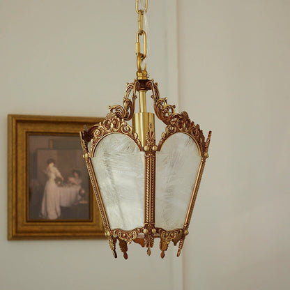 Traditional Vintage Ice Court Curve Glass Copper 1-Light Pendant Light For Living Room