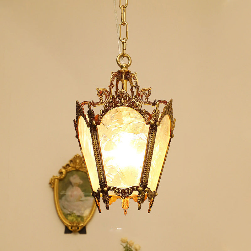 Traditional Vintage Ice Court Curve Glass Copper 1-Light Pendant Light For Living Room