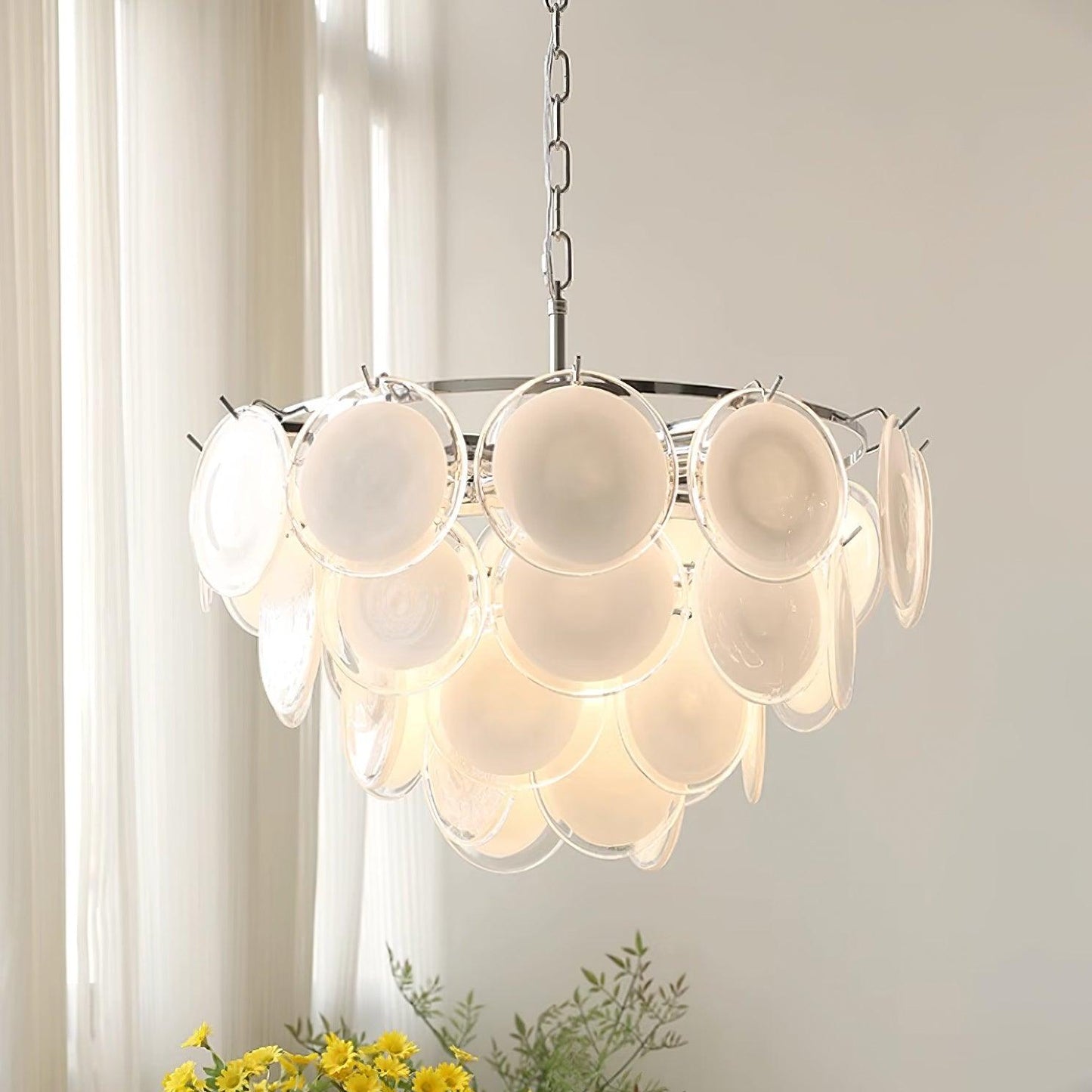 Bettina Murano Chandelier Dia 24.4″ x H 19.6″ / Dia 62cm x H 50cm / Chrome & White glass Chandelier