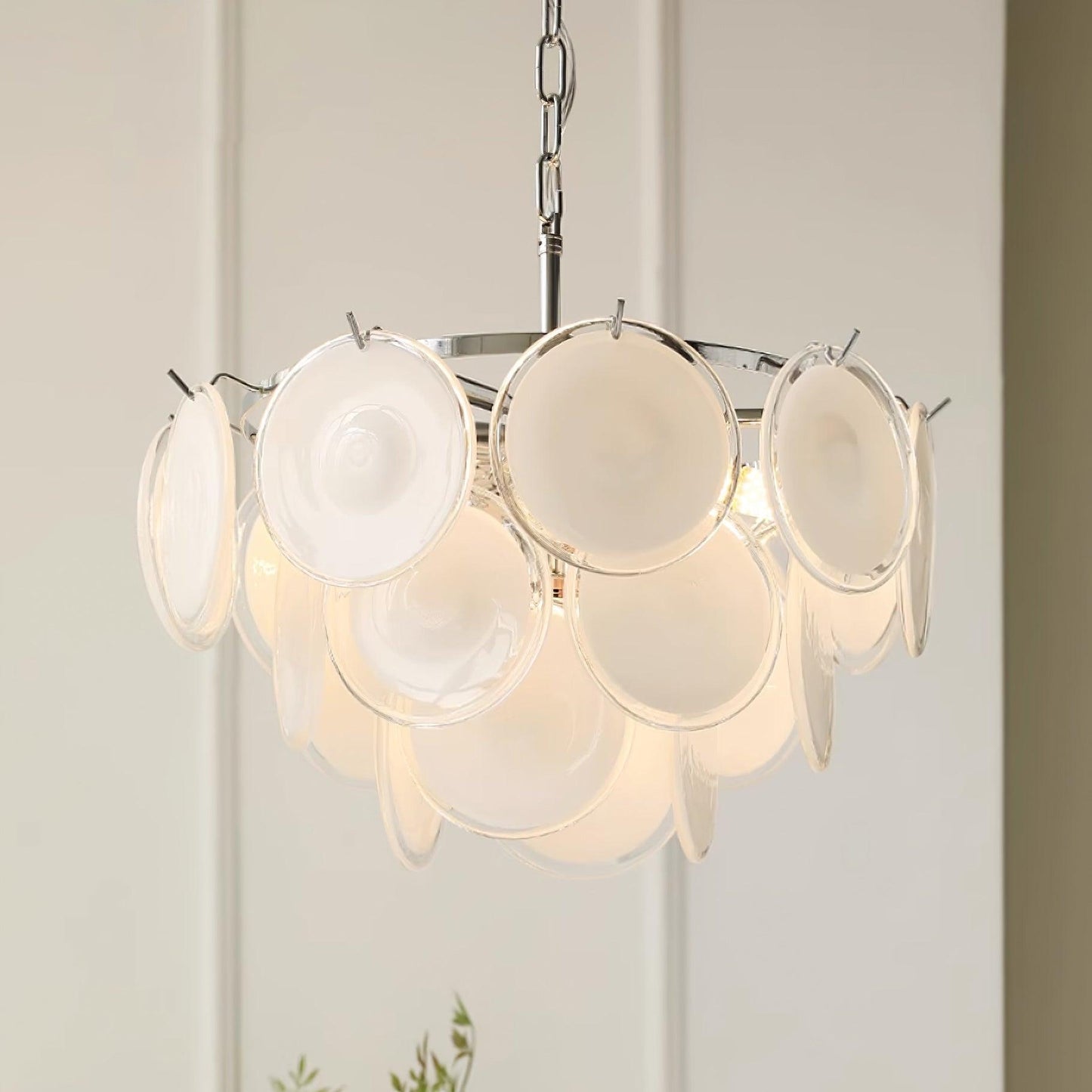 Bettina Murano Chandelier Dia 19.6″ x H 15.7″ / Dia 50cm x H 40cm / Chrome & White glass Chandelier