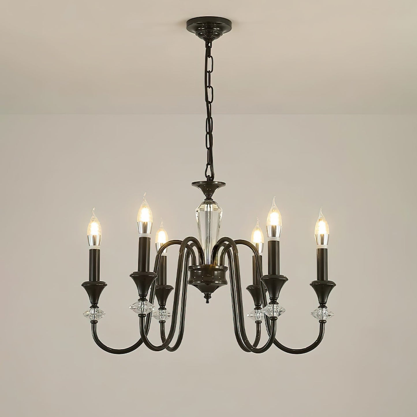 Noir Candelabra Chandelier 6 heads Dia 25.6″ x H 17.7″ / Black & Clear Chandelier
