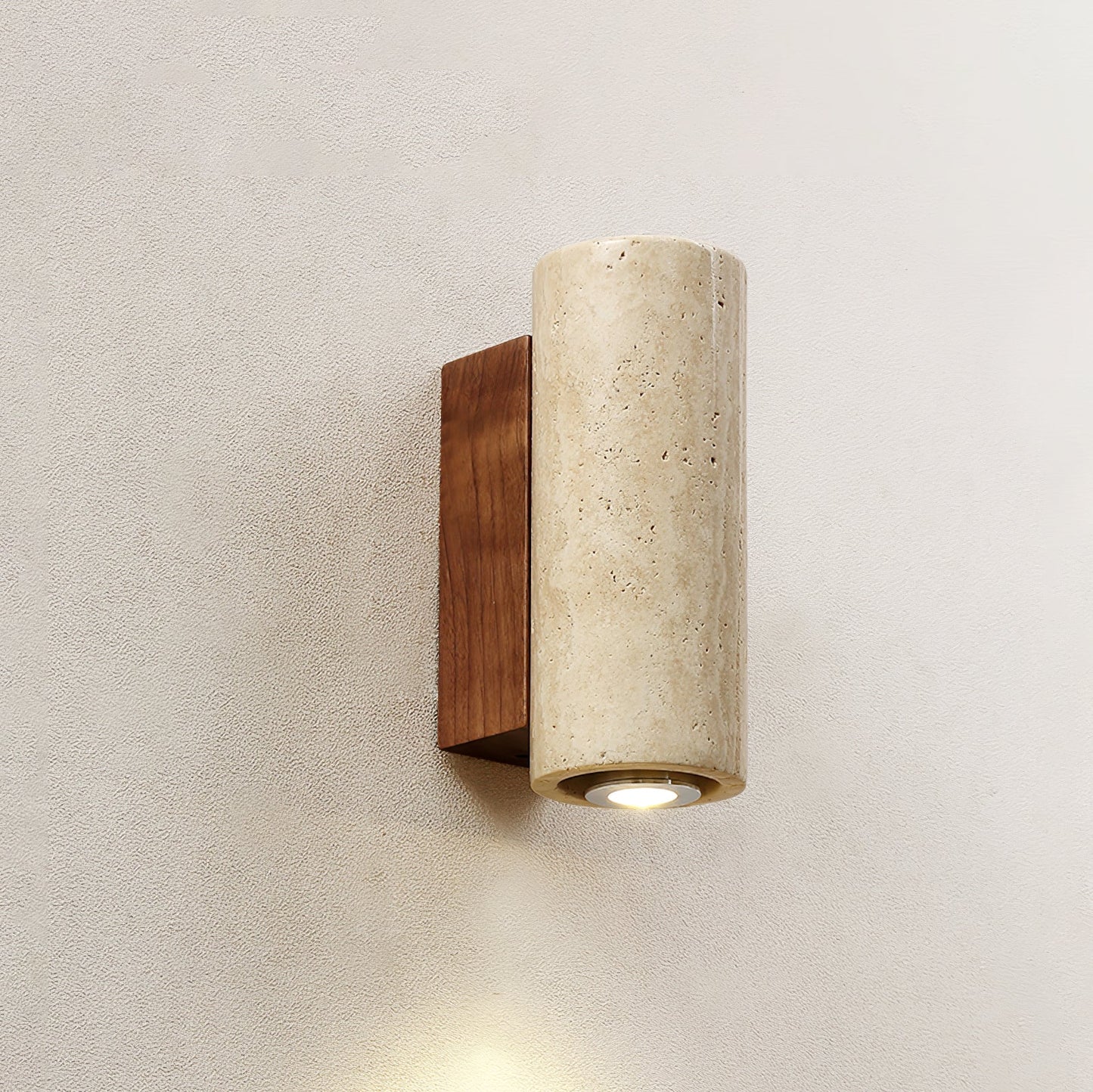 Blend Wall Sconce Model A ? 2.6’’ x H 9.1’’ / Walnut Color & Yellow Travertine / Warm Light Wall lamp