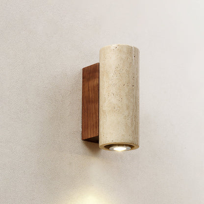 Blend Wall Sconce Model A ? 2.6’’ x H 9.1’’ / Walnut Color & Yellow Travertine / Warm Light Wall lamp