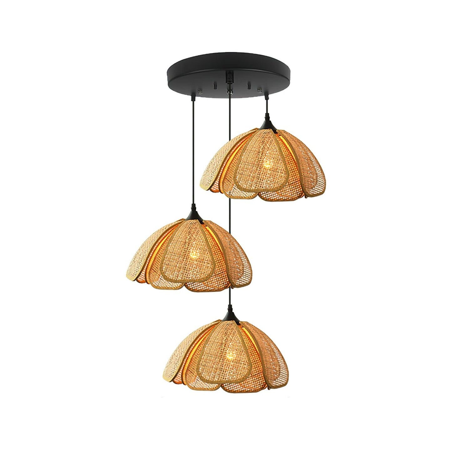 Bloom Rattan Pendant Lamp 3 Heads Round Canopy: Dia 40cm x H 150cm / Dia 15.7″ x H 59″ / Black & Natural Rattan Pendant