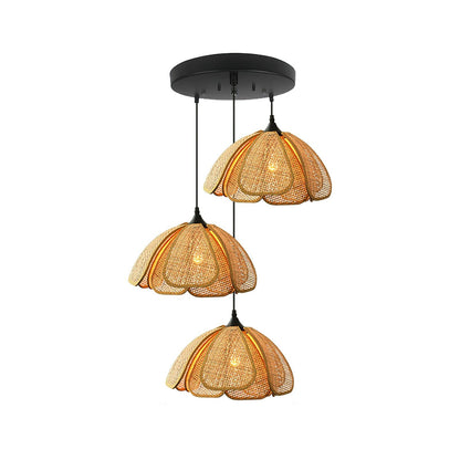 Bloom Rattan Pendant Lamp 3 Heads Round Canopy: Dia 40cm x H 150cm / Dia 15.7″ x H 59″ / Black & Natural Rattan Pendant