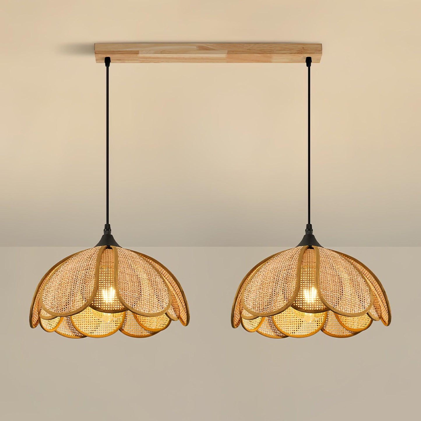 Bloom Rattan Pendant Lamp 2 heads Long Canopy L 31.5″ x W 3.9″ x H 59″ / L 55cm x W 10cm x H 150cm / Black & Natural