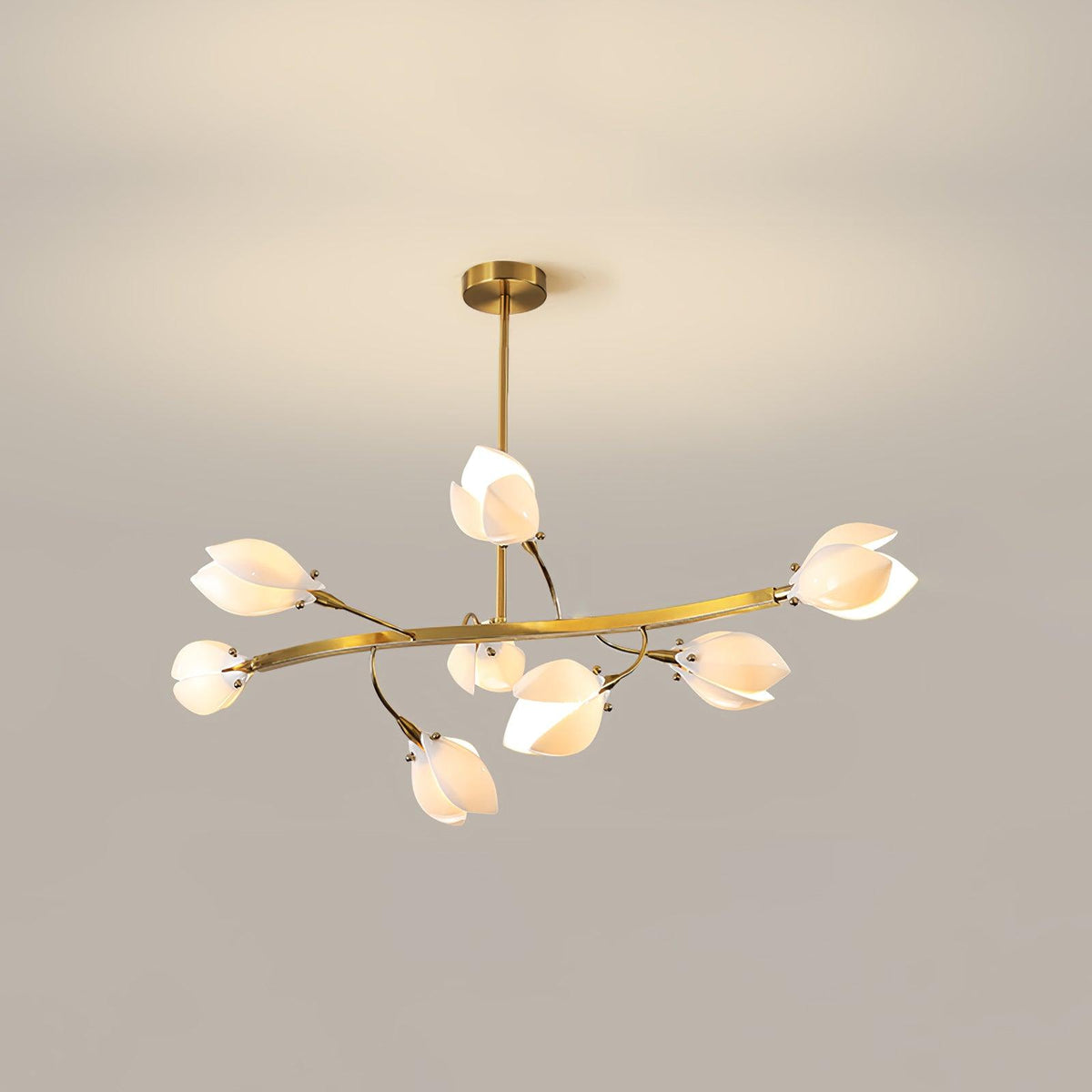 White Porcelain Magnolia Chandelier 8 heads L 34.6″ x W 17.7″ x H 11.8″ / L 88cm x W 45cm x H 30cm / Gold & White