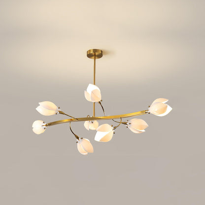 White Porcelain Magnolia Chandelier 8 heads L 34.6″ x W 17.7″ x H 11.8″ / L 88cm x W 45cm x H 30cm / Gold & White