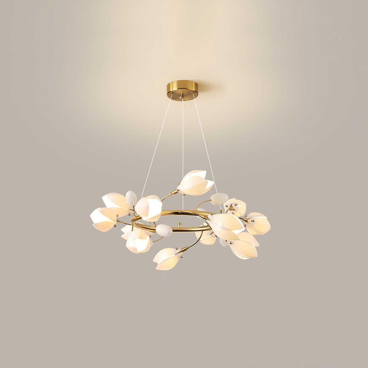 White Porcelain Magnolia Chandelier 12 heads Dia 23.6″ x H 11.8″ / Dia 60cm x H 30cm / Gold & White Ceramic Chandelier