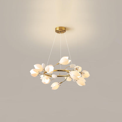 White Porcelain Magnolia Chandelier 12 heads Dia 23.6″ x H 11.8″ / Dia 60cm x H 30cm / Gold & White Ceramic Chandelier